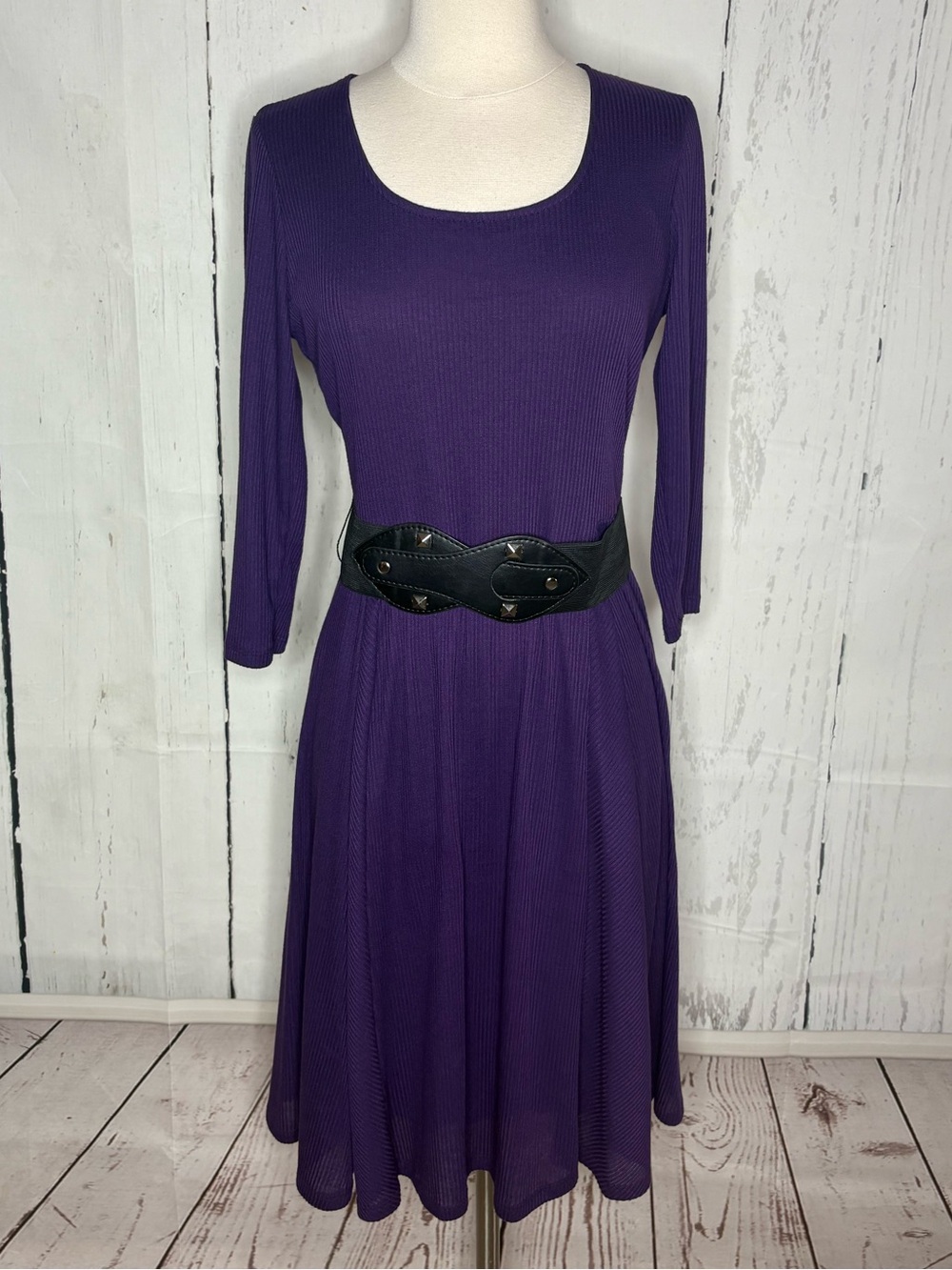 Purple Long-Sleeve Midi Dress with Waist Detail